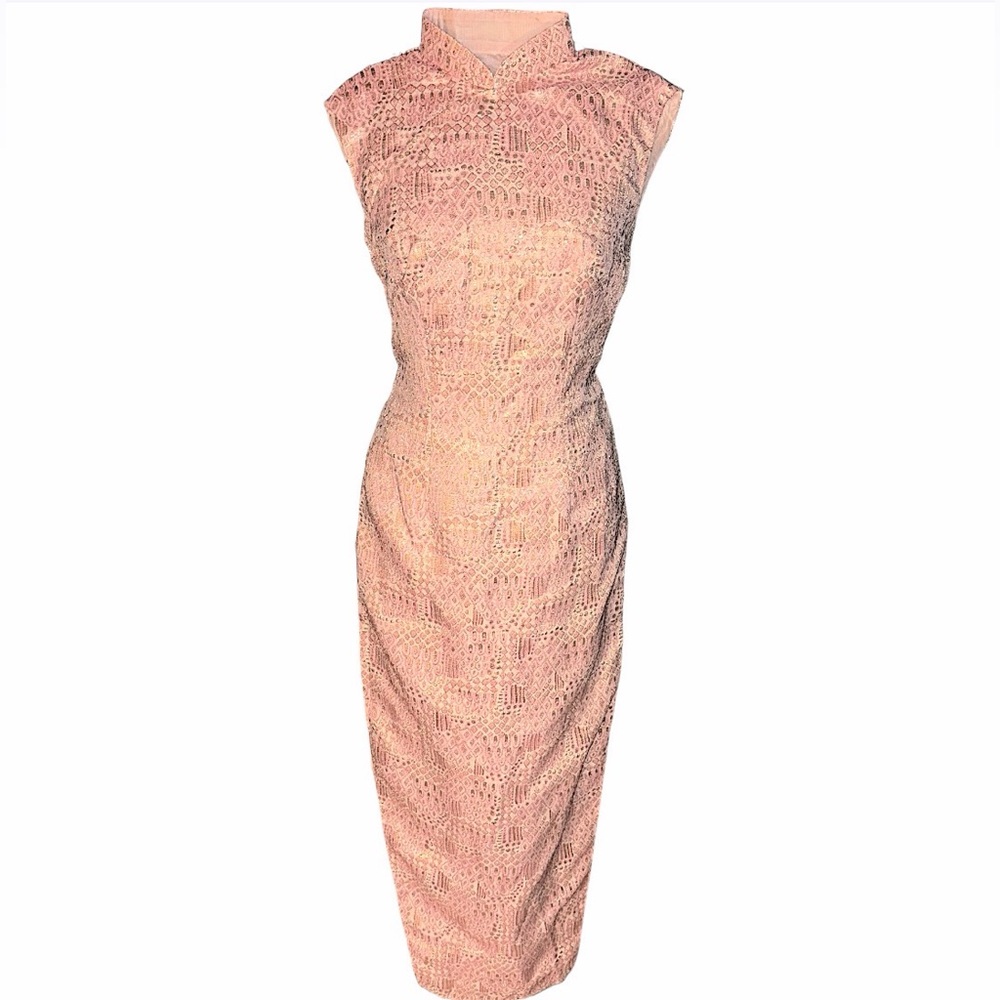 Vtg 1960s Pink Gold Metallic Brocade Cheongsam Dress Mandarin Collar Qipao XS